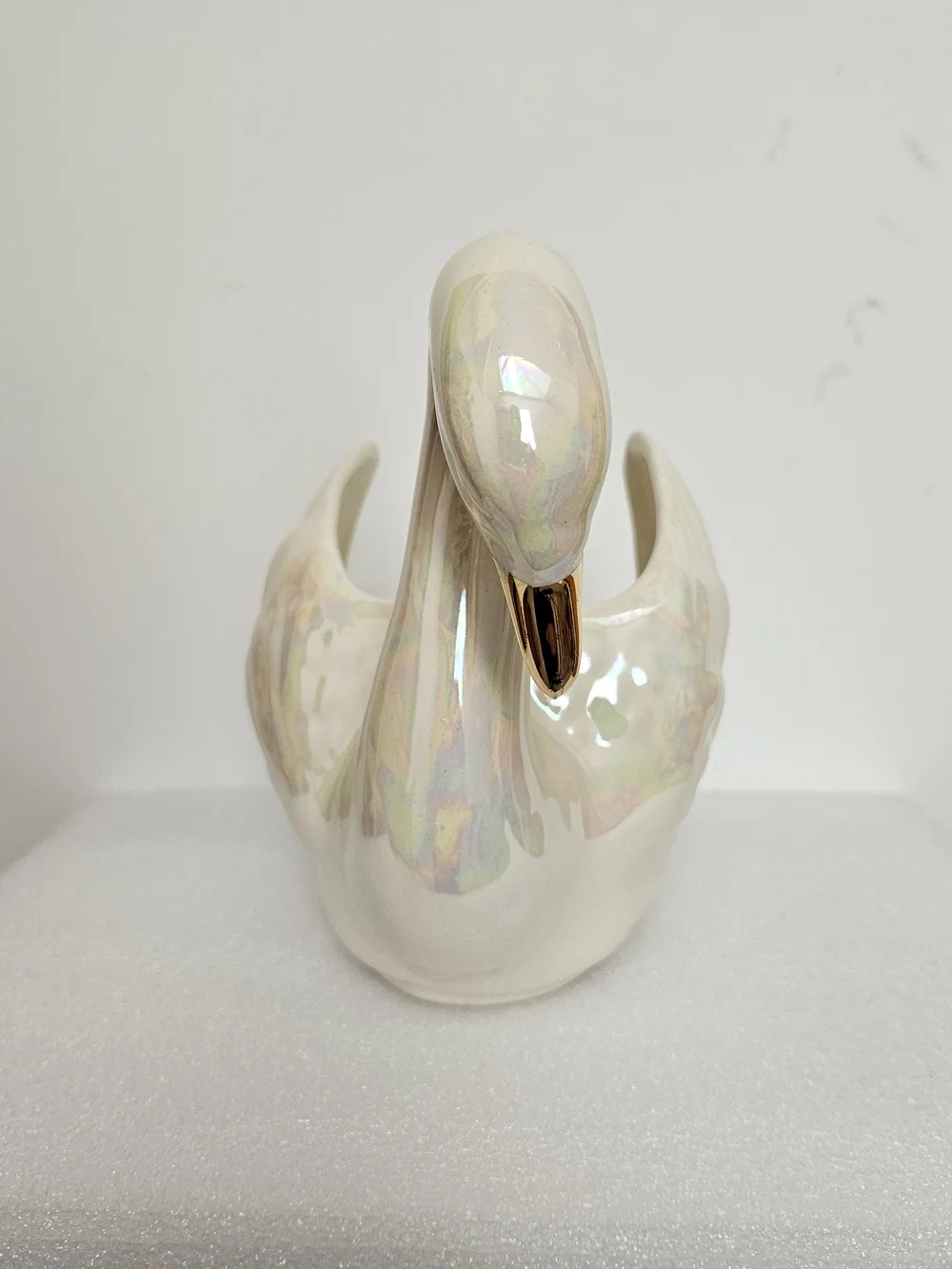 Iridescent Ceramic Swan Planter with Gold Beak